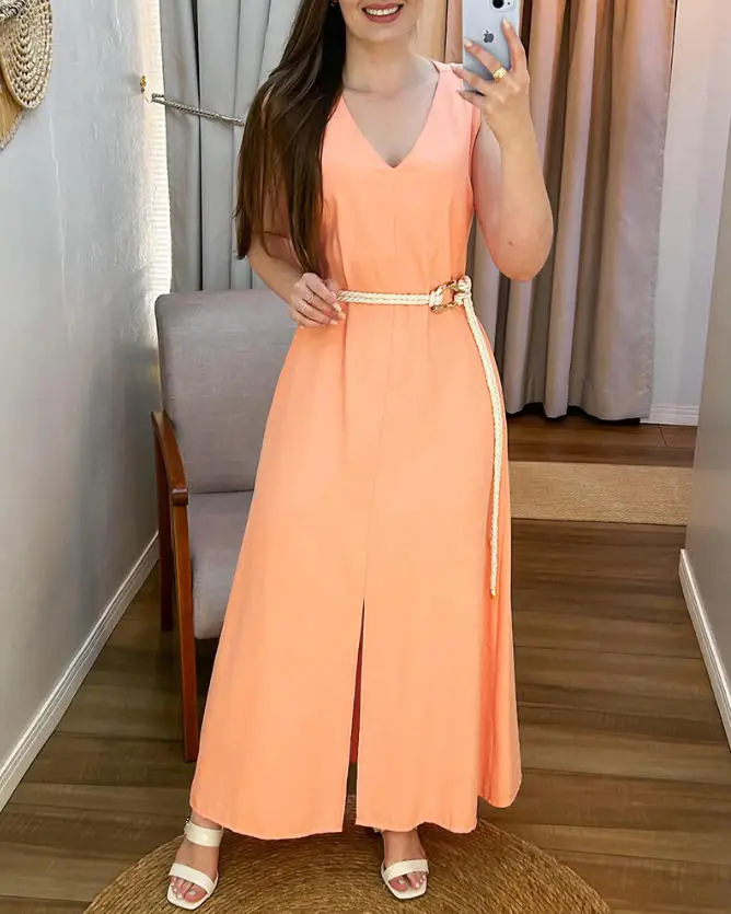 

V-Neck Sleeveless Zipper Back Slit Front Maxi Dress with Belt
