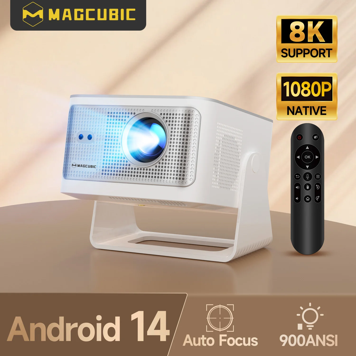 Magcubic HY350Max 900ANSI 1080P Native Projektor, Android 14 OS mit Sprachfernbedienung, Autofokus 8K-Unterstützung WiFi6 BT5.4 Tragbarer Heimprojektor