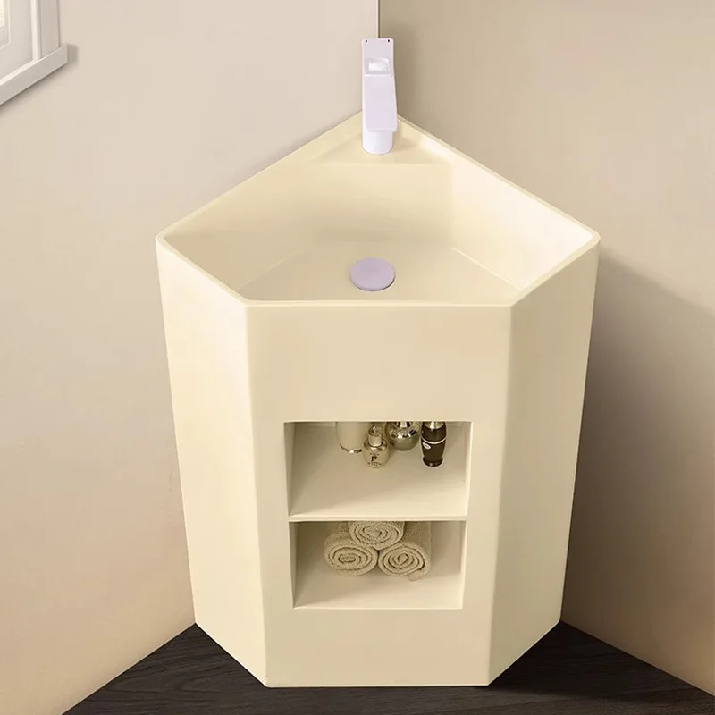 Creative triangle floor-to-ceiling wash basin small apartment bathroom corner corner two-layer storage grid column basin