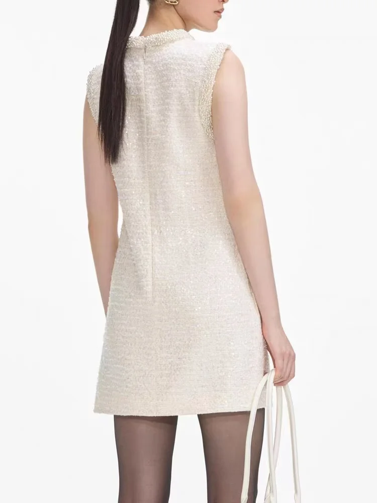 High Quality 2025 Spring New Fashion Tweed tank dress women Temperament Beadings Sequins Sleeveless Mini Robe Ladies