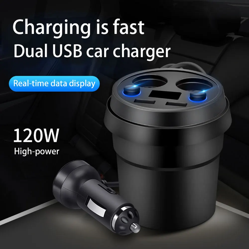1pc Universal Car Cup Holder Cigarette Lighter Car Dual Sockets Charger Car Dual Ports Power Adapter Auto Interior Accessories