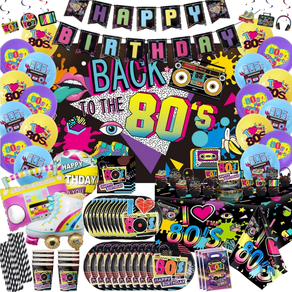 80s Party Decorations Back To The 80s Hanging Swirls Banner Tablecloth Balloons For 1980s Birthday Neon Hip Hop Party Supplies