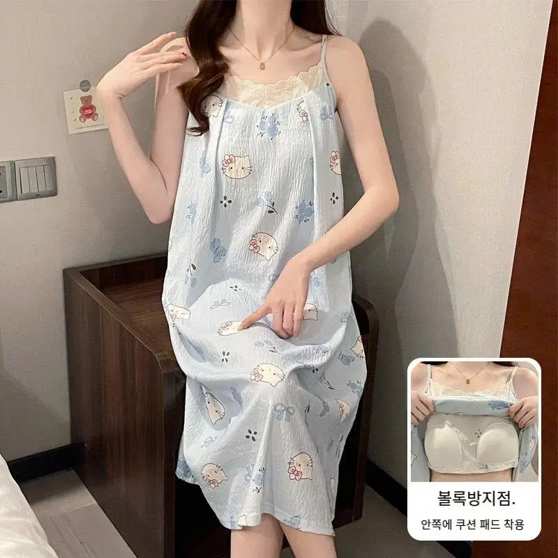 

Sanrios Cute Sleeping Skirt Hello Kittys Summer Sleepwear Strap Loose Thin Sleeveless Casual Comfortable Breathable Home Wear