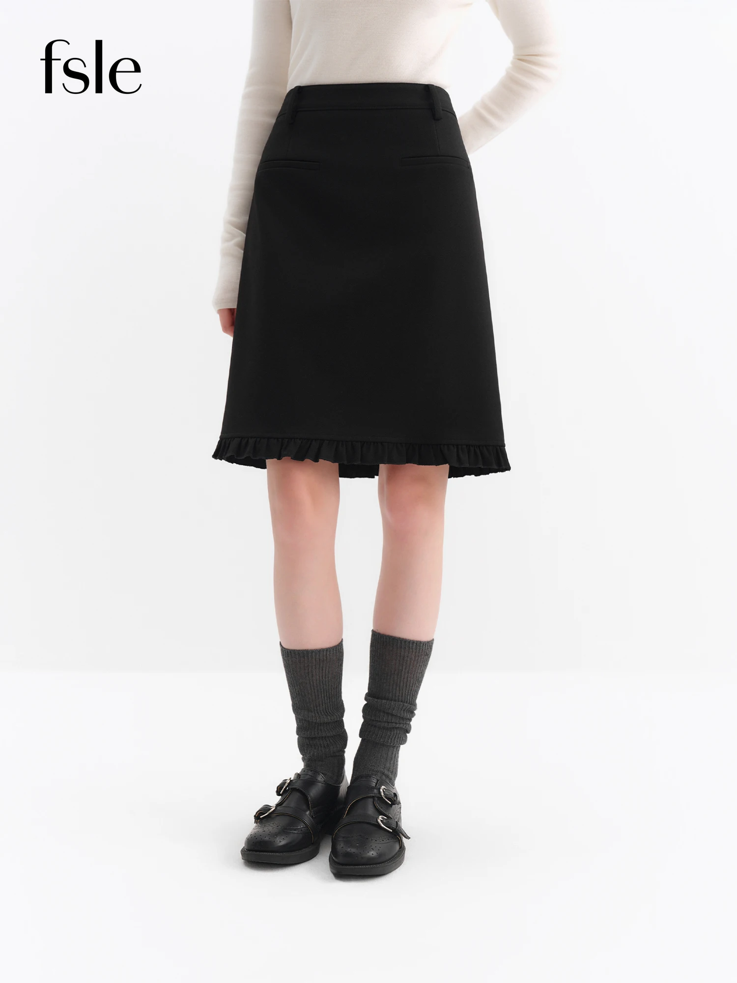 FSLE Elegant Design Ruffled Hem Flattering A-Line Half Skirt Winter Autumn 2025 New Arrival Skirt Black Knee High Office Skirts