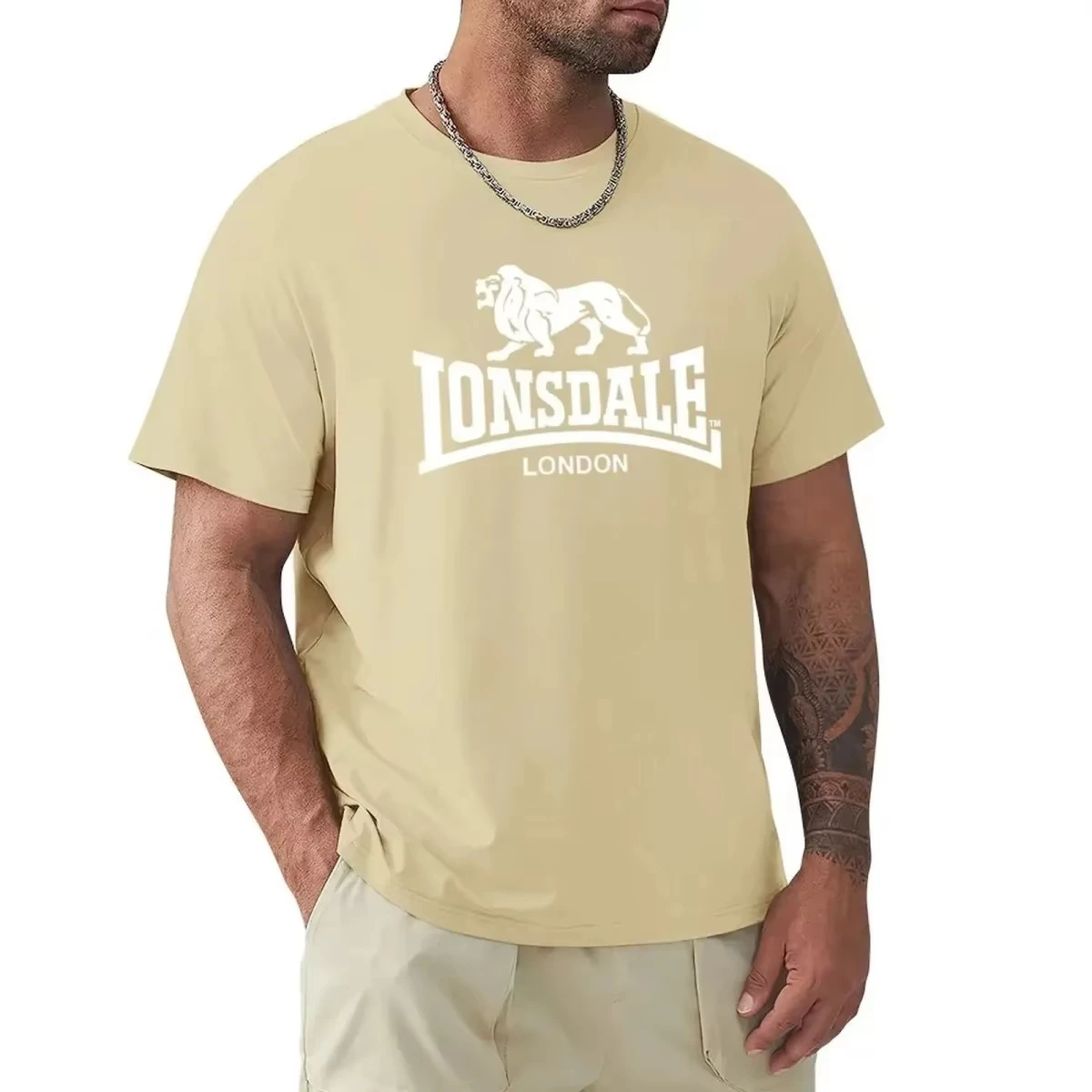Herren-T-Shirt mit Löwen-Lonsdale-Print, kurzärmelig, locker und bequem, aus reiner Baumwolle, Street-Style, Oversize-Herrenkleidung für den Sommer – Detail 8