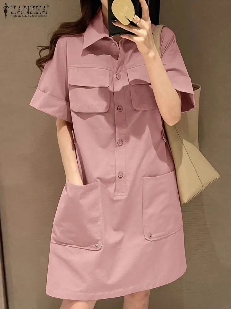 ZANZEA Women\'s Summer Cargo Dress Korean Style Short Sleeve Shirtdress Casual Turn-down Collar Solid Knee Length Vestidos Pocket