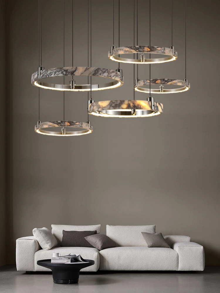 Home Deco Natural Marble Stone Ring LED 2026 Chandelier Lighting Para Sala Estar Alabaster Pendant Light For Foyer Dinning Room