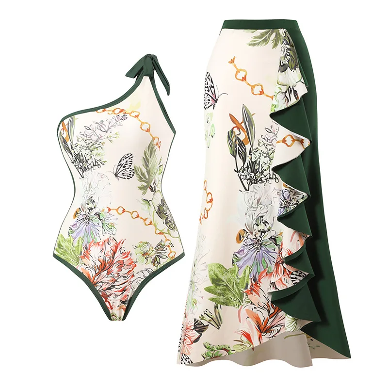 Women Swimwear Flower Block Color Swimsuit Two-piece set Summer Print Bodysuit Bikini Set Beach Style Wear Maxi Dress Skirt