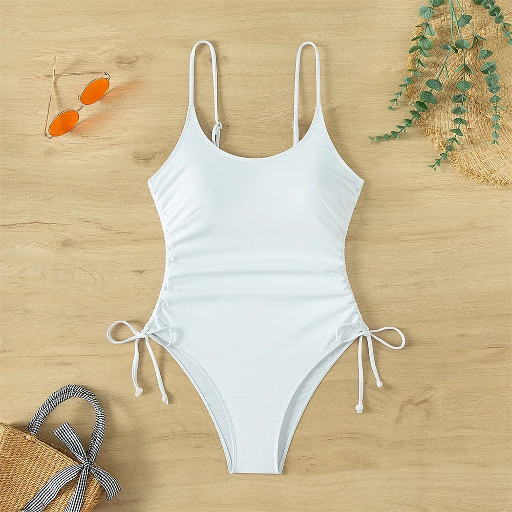 Białe bikini sznurkiem plisowana chusta strój kąpielowy jednoczęściowy Y2K Trend Monokini seksowne kobiety wakacje stroje kąpielowe stroje kąpielowe strój kąpielowy