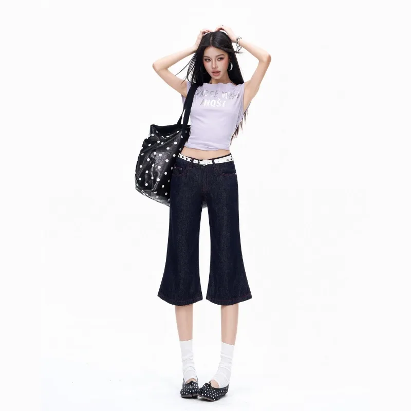 Vintage Raw Dark Wash Women High Waist Flare Capri Jeans Red Stitch Denim Summer 2026 Y2K Korean Street Casual Pants