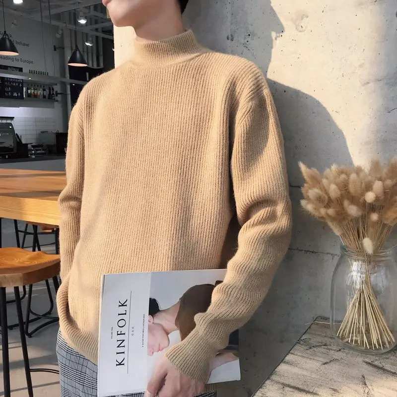 Autumn Winter New Fashion Long Sleeve Half High Collar Solid Pullovers Men's Clothing All-match Knitting Korean Simplicity Top