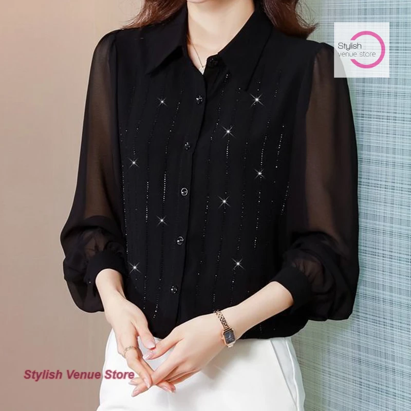 

French rhinestone chiffon shirt women's long sleeves summer and autumn new solid color fashion mother casual Joker shirt.