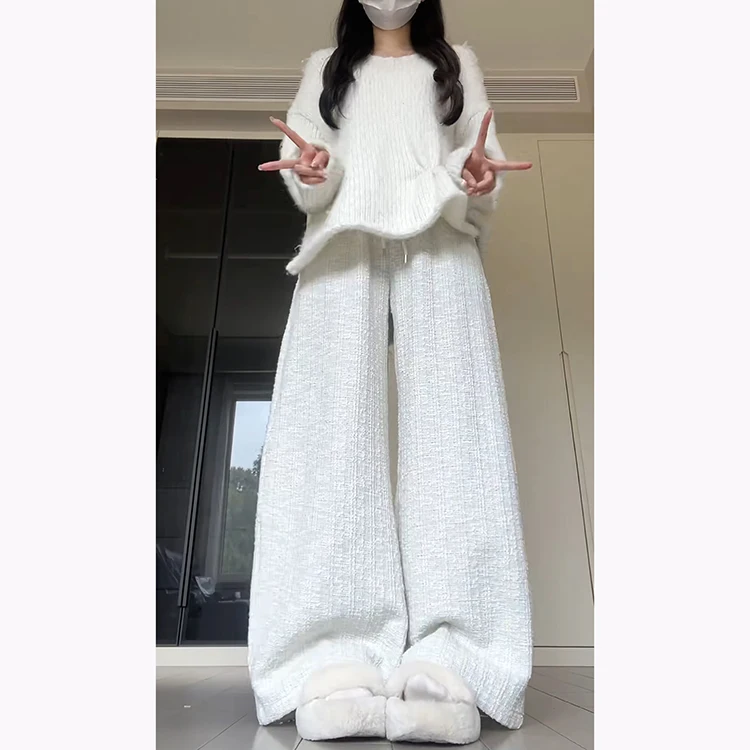 Pantalones de pierna ancha holgados informales para mujer Otoño Invierno nuevos pantalones coreanos de punto de cintura alta drapeados hasta el suelo