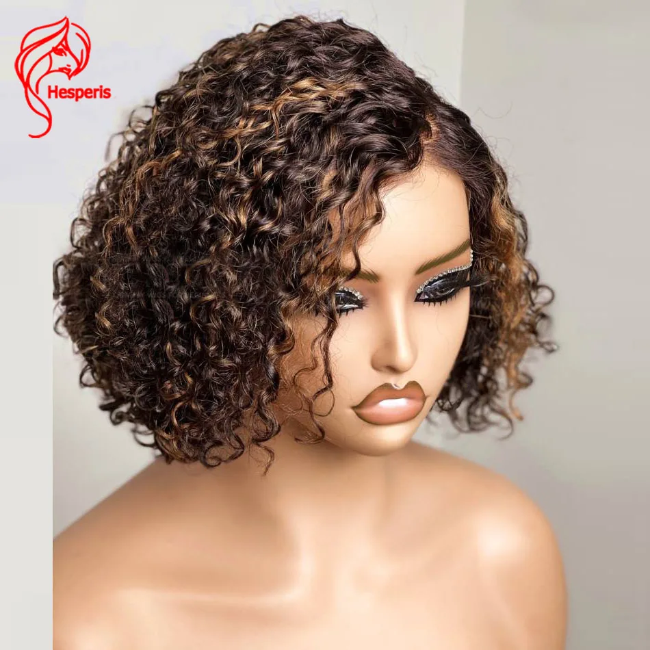 Hesperis  Highlight Brown Short Curly Bob Wig Glueless Human Hair Lace Front Wigs 13x6 Deep Part Brazilian Remy Bob Cut Curl Wig