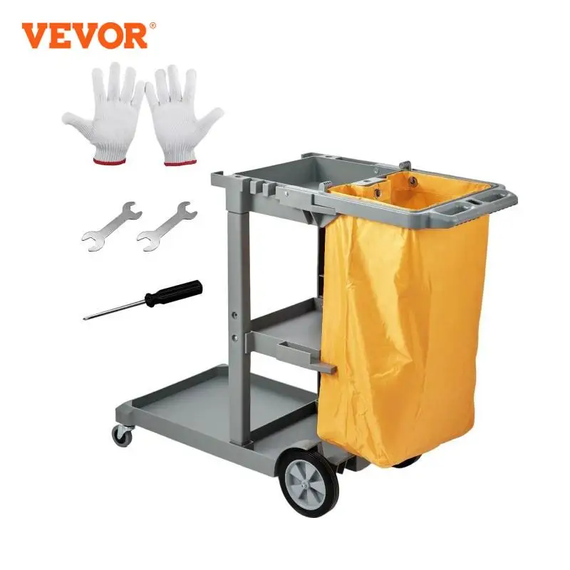 VEVOR Cleaning Cart 3-Shelf Commercial Janitorial Cart 200lbs Capacity with 25 Gallon PVC Bag for Office Hotel Airport Apartment