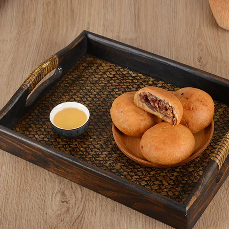 Nampan rotan ABWR-3PCS, nampan kayu Retro melayani piring makan malam makanan ringan makanan penutup nampan makanan buah kayu