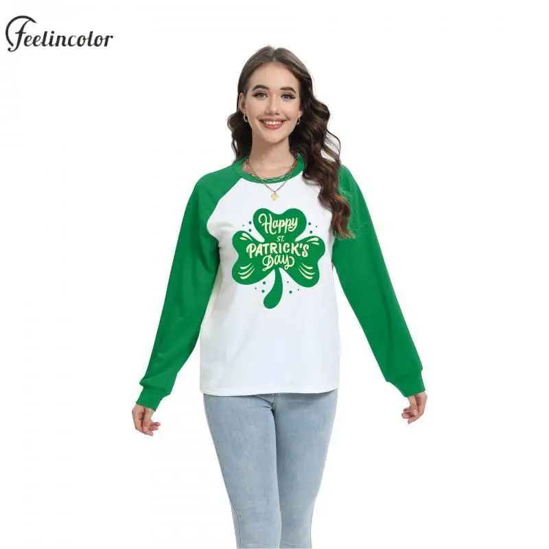 Fake Two Suits Print Sweatshirts for Women St. Patrick's Day Pullover Lucky Irish Clover Graphic Hoodies Holiday Couple Clothing