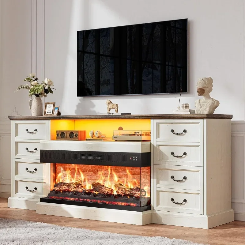 Fireplace TV Stand with LED Lights for 75 80 Inch TV, 3-Side Glass Fireplace Entertainment Center, 70 Inch Farmhouse TV Stand.