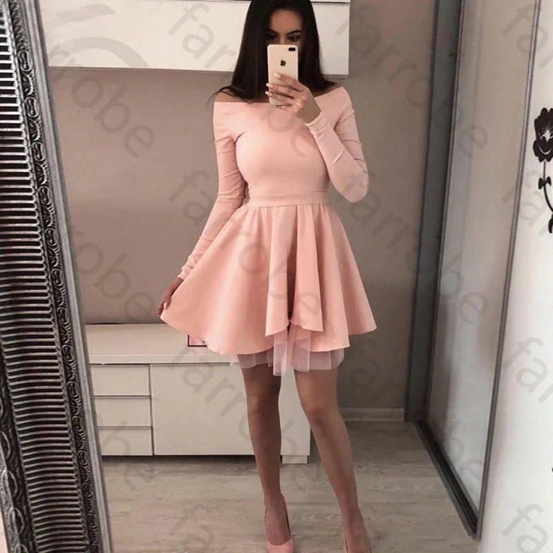 Customized Elegant Long Sleeve Short Cocktail Dresses vestidos coctel mujer A Line Pleated Black Graduation Homecoming Dress