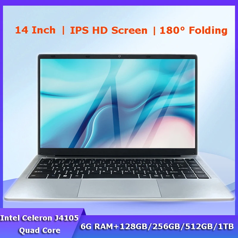 Laptop Intel J4105 DDR4 6GB RAM 14 Inci Murah + 1TB SSD Portabel Siswa Win 10 Notebook Layar FHD Komputer untuk Kantor Bisnis