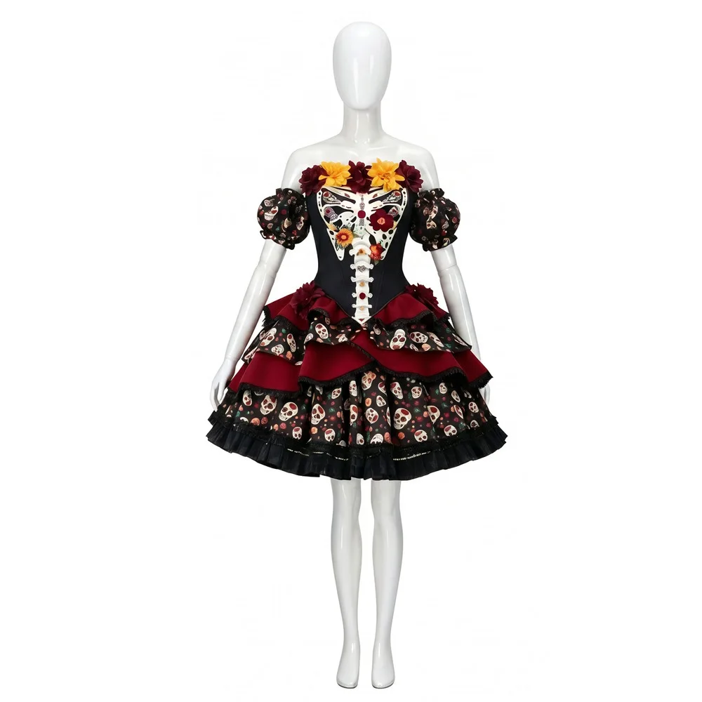 Anime Mexikanisches Todesfest Blumen-Skelett-Kleid Uniform Halloween Cosplay Kostüm Schulterfreies Blumen-Outfit mit Puffärmeln – Detail 5