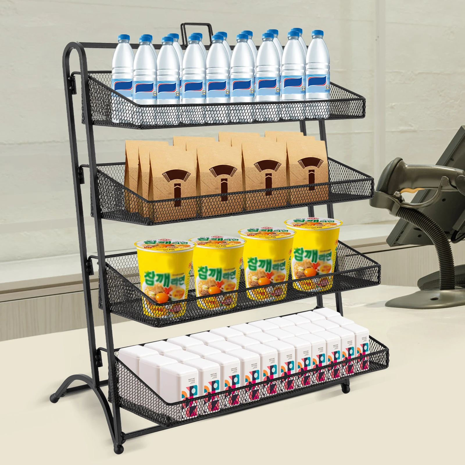 4 Tiers Retail Candy Display Rack Rectangular Counter Groceries Snack Shelf Supermarket Store Display Rack For Countertop Black