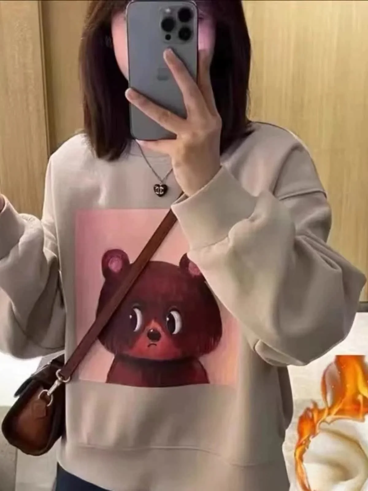 

Trendy Fashionable Small Size Women's Sweatshirt Loose Design Retro Cartoon Bear Print Top Korean Style round Neck Long Sleeve