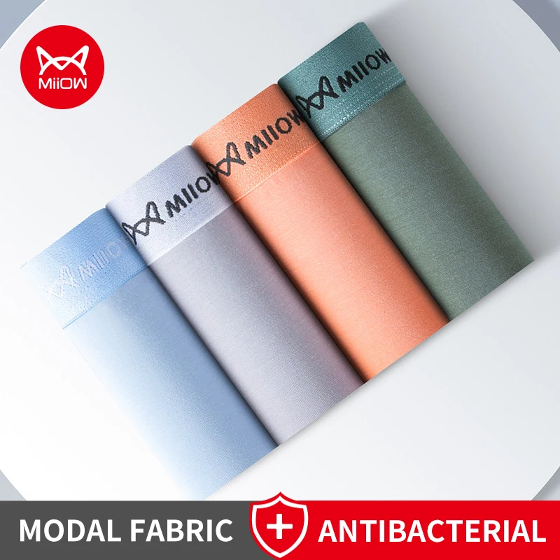 MiiOW 4Pcs Silky Modal Men Underwear Boxers 7A Antibacterial Crotch Men's Panties Underpants Skin-friendly Breathable Man Trunks