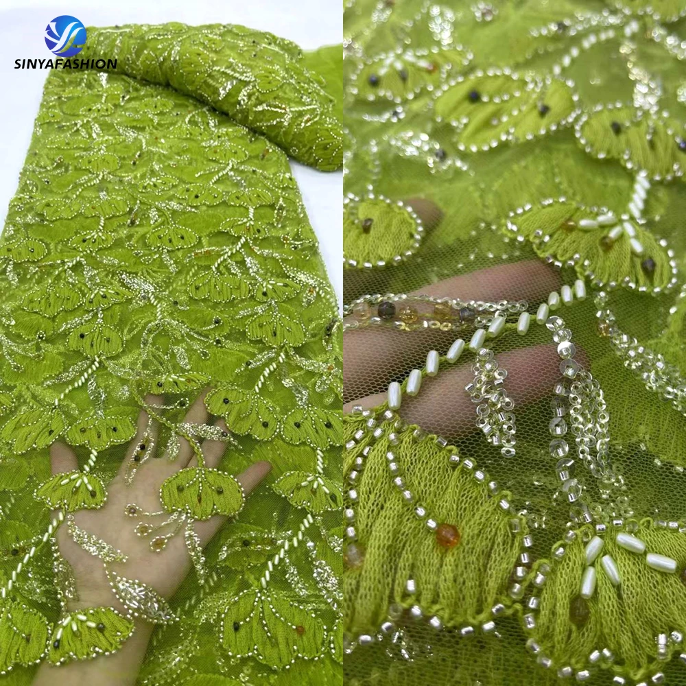 

Tim Green Heavy Handmade Diamond Beaded Lace Fabric Luxury 2024 High Quality French Embroidery Sequins Tulle Wedding Bridal Lace