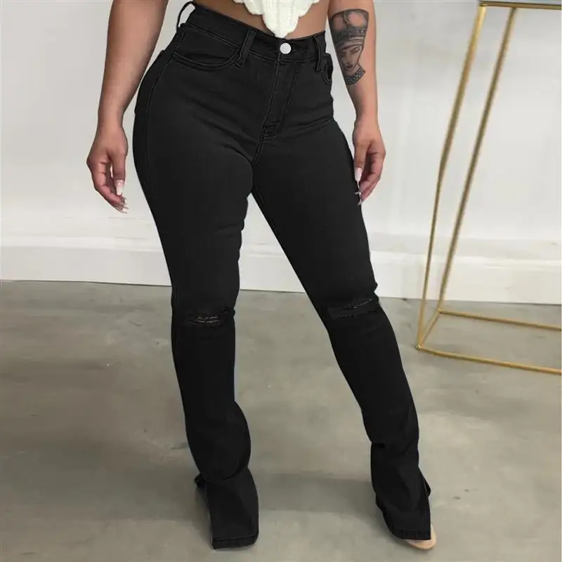 Traceable Cross-Border Summer New Denim Wish Ripped Slit Women's Jeans Long Straight Leg Pants Fashionable Ladies' Denim