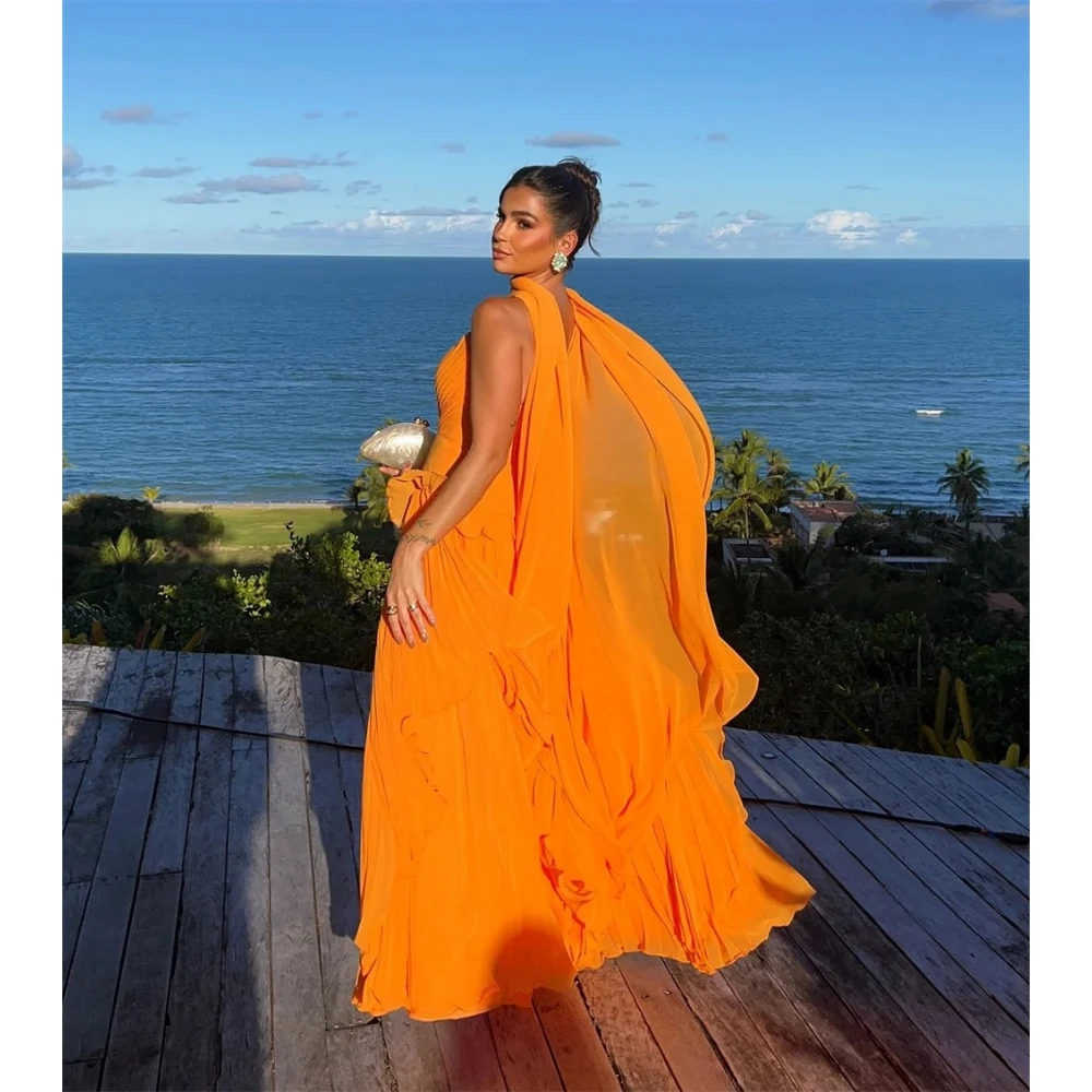 Orange Prom Dress Customized Strapless Draped Chiffon A-line Evening Dresses with Scarf Backless Floor Length Party Gowns image 3