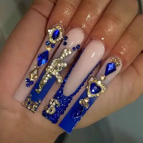 24Pcs Sweet Cool Press on Nails French Tip False Nails Y2k Bowknot Glitter Diamond Nail Long Square Fake Nails for Spice Girl