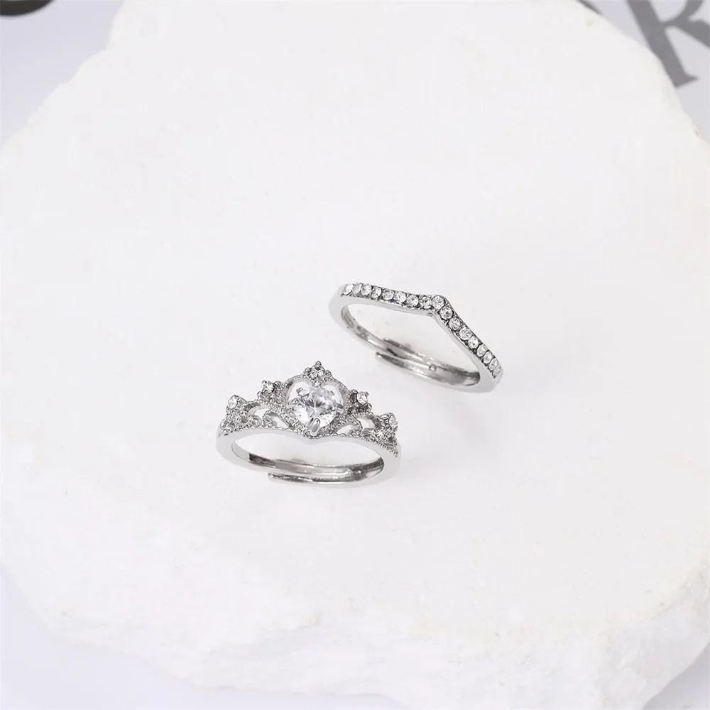 Simple Fashion Promise Crown Rings for Women Crystal Zircon Bridal Party Wedding Jewelry Delicate Female Engagement Ring 2PC