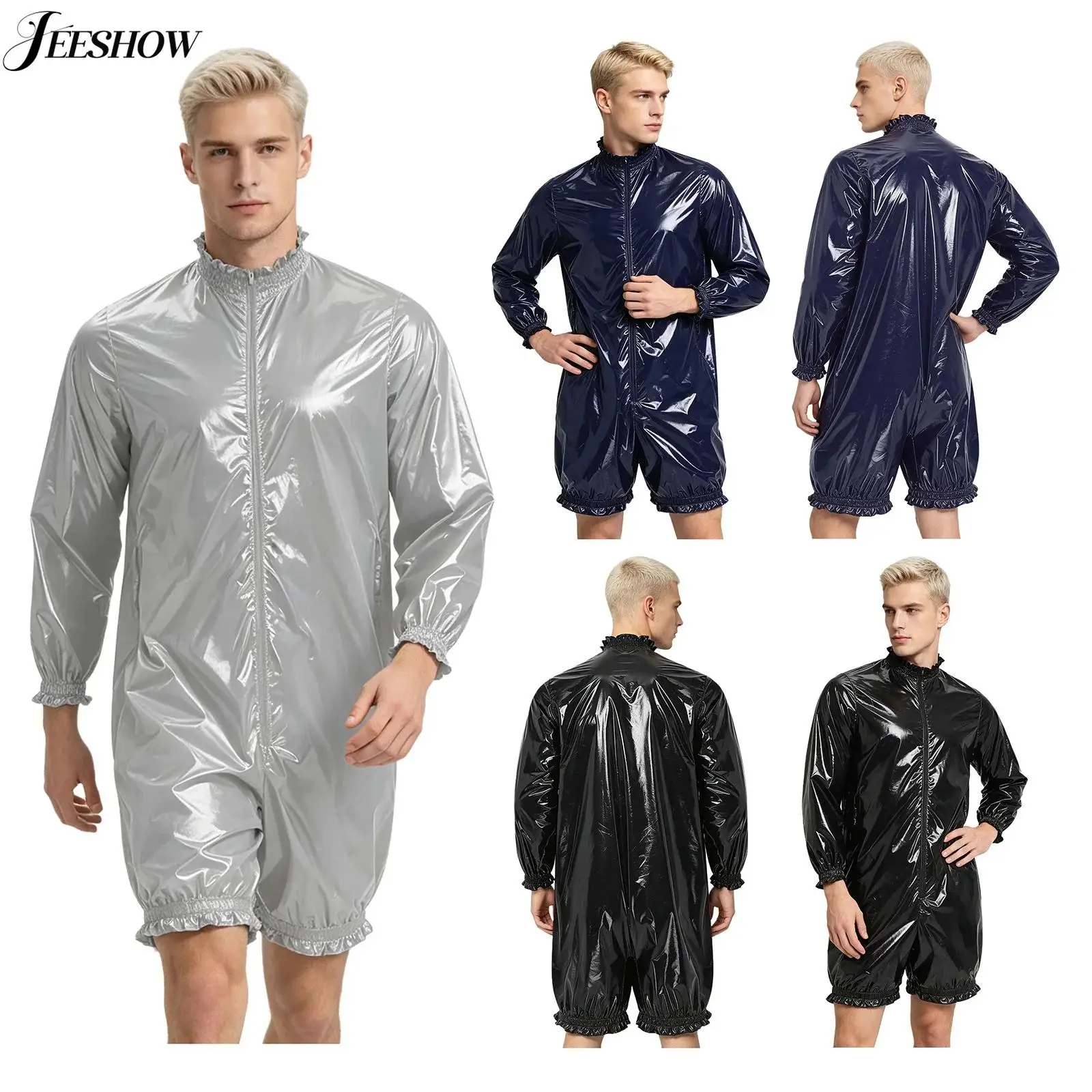 Mens Waterproof Long Sleeve Jumpsuit Ruffled Trim Mock Neck Front Zipper Rompers One Piece Diaper Cover Adaptive Clothing