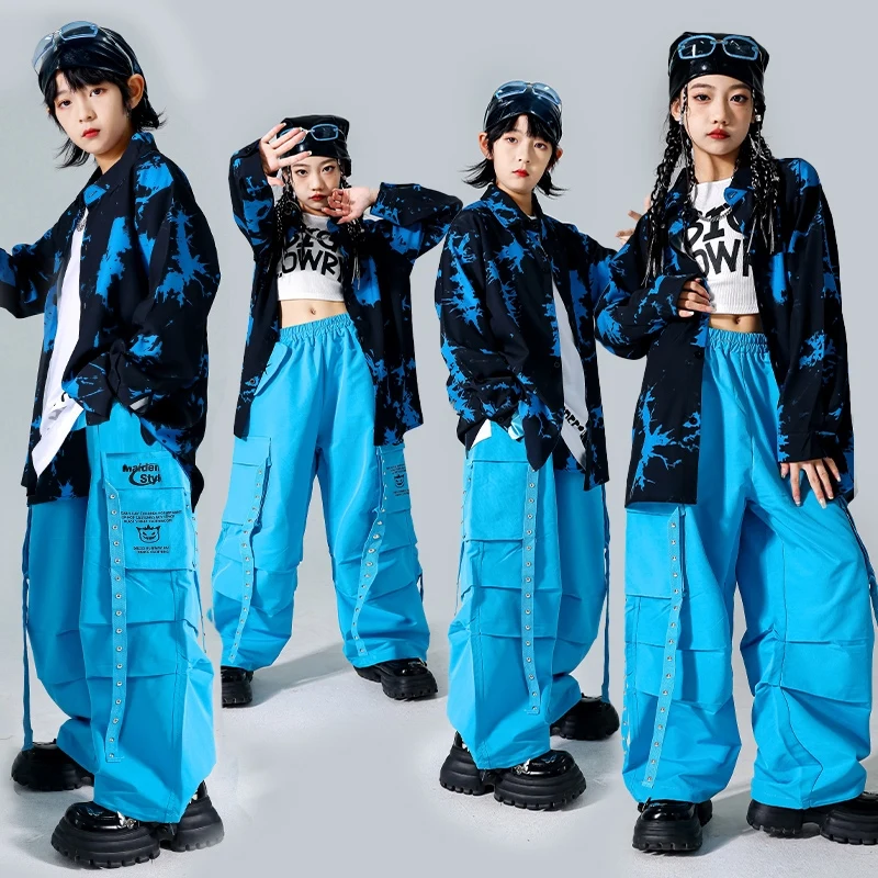 Children Ballroom Hip Hop Dance Costumes For Girls Blue Tie Dye Shirts Cargo Pants Streetwear Boys Modern Jazz Clothes DQS18037