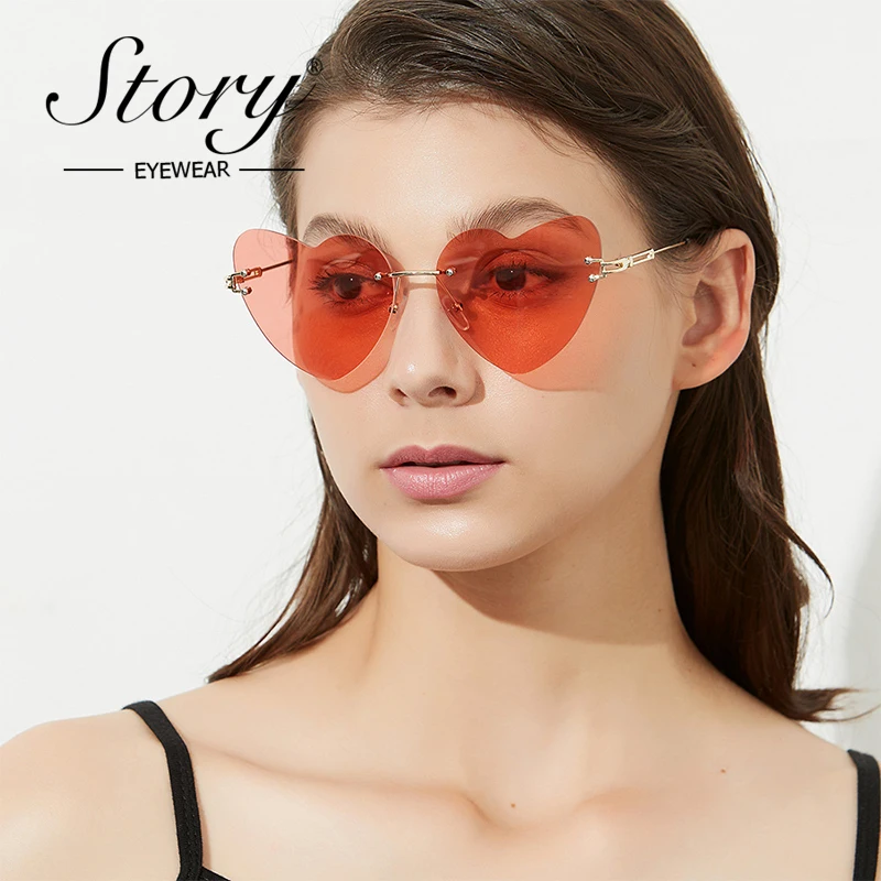 

STORY Fashion Heart Sunglasses Women Men 90S Brand Design Watermelon Red Love Frameless Cat Eye Sun Glasses Shades Female S7268Q