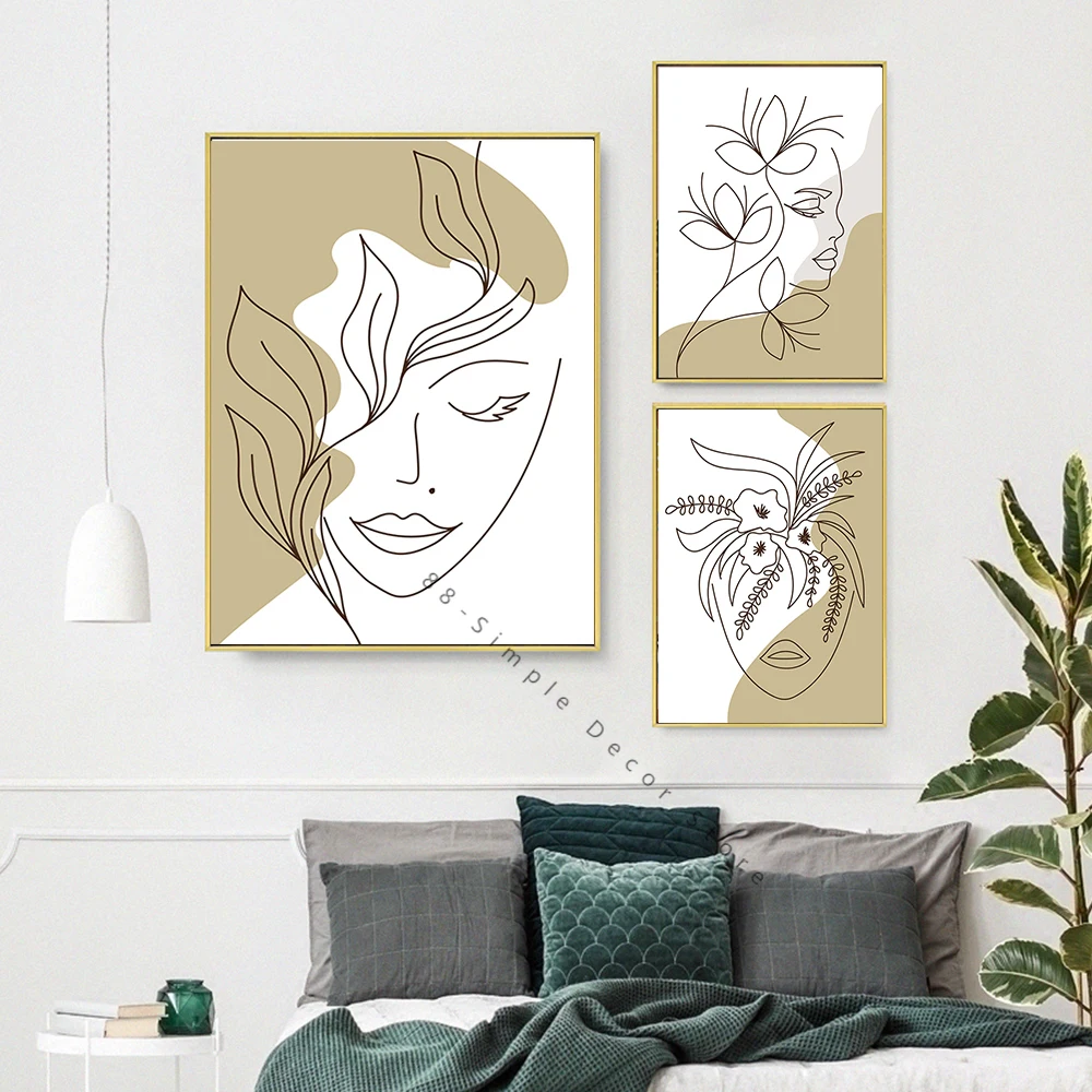 One Line Drawing Abstract Female Face Portraits Canvas Painting Flowers Minimalist Posters Prints Wall Pictures Room Home Decor