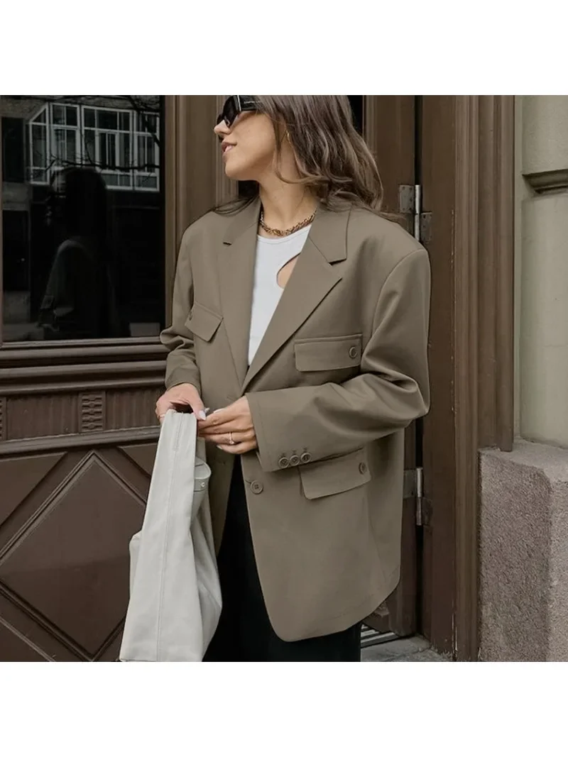 A Women Fashion Single Breasted Loose Fitting Blazer Coat Vintage Long Sleeve Pockets Female Outerwear Chic Femme Jacket