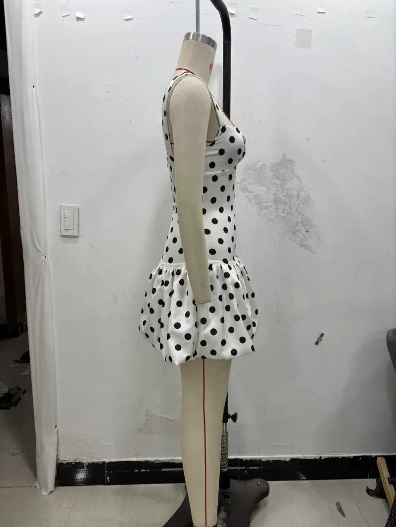 2025 new summer products women's balloon version of the hem polpok print dress lovely strap sleeveless dress