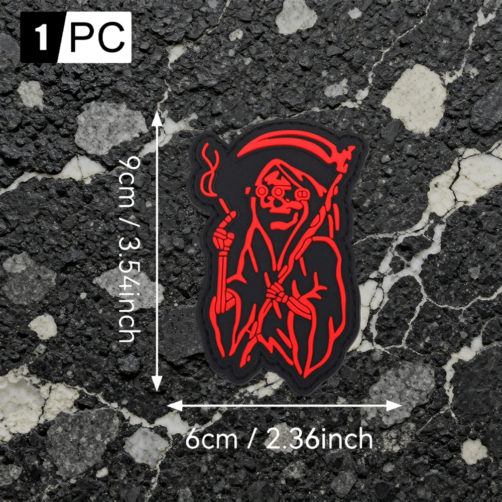 Luminous PVC armband with a scythe-wielding skull alien design, comes with matching hook-and-loop accessories, suitable for casual jackets, personal accessories, and DIY decorative patches view 3