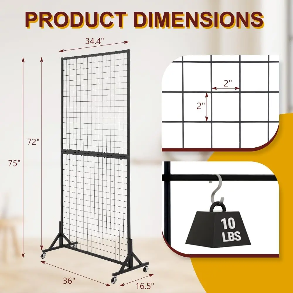 2 Packs 2.9' X 6' Grid Wall Panels Standing Wire Grid, Study Display Rack with T-Base Wheels Freestanding Gridwall Panel Tower