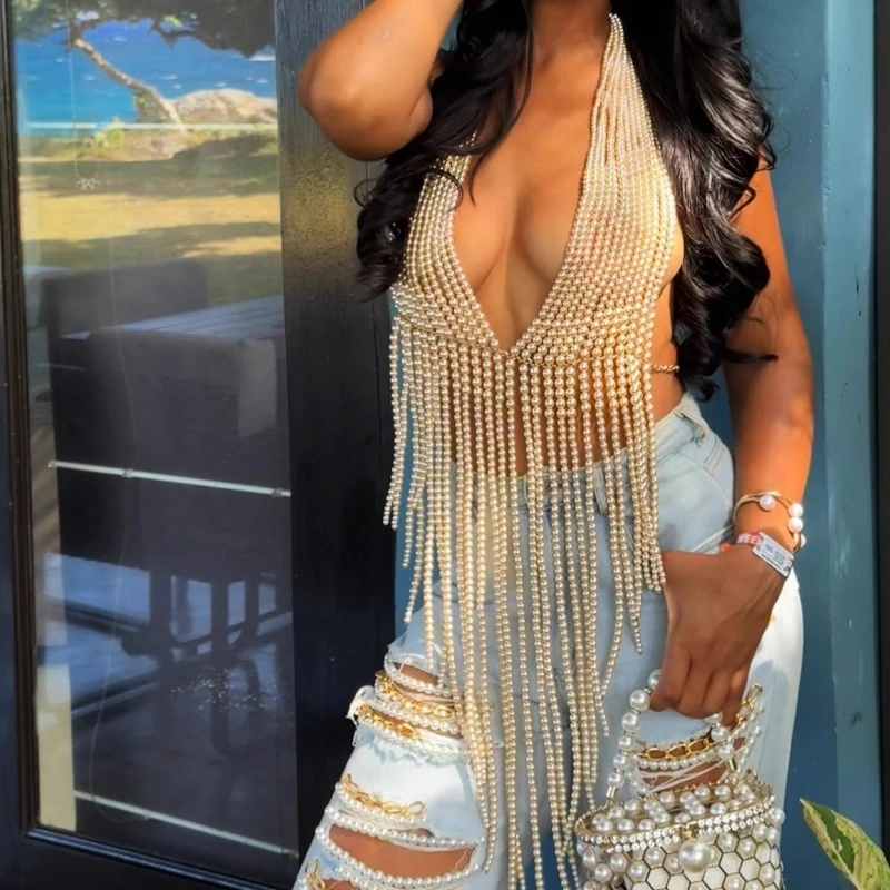 Camisola con espalda descubierta y escote en V profundo de diseño de lujo, Top tejido con cuentas, cadena para sujetador, chaleco para fiesta y espectáculo, Tops de joyería para el cuerpo con perlas de plástico