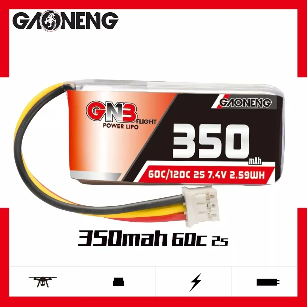 Novo 3 pçs gwb gaoneng 2s 350mah 7.4v 60c bateria lipo com plugue ph2.0 para betafpv beta75x minúsculo whoop drones carro pequeno