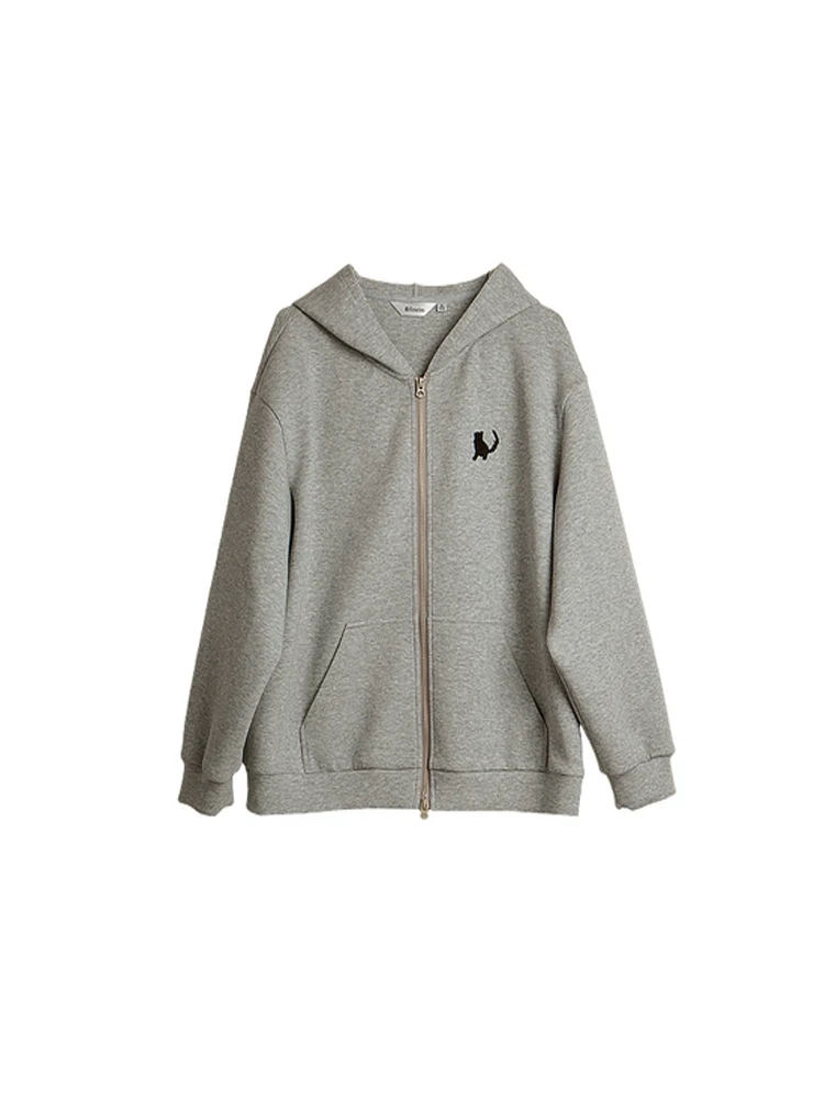 OLrain Women's Grey Casual Cat Embroidered Hoodies Autumn 2025 New Loose Soft Warm Comfortable Knitted Outerwear O57QW001216