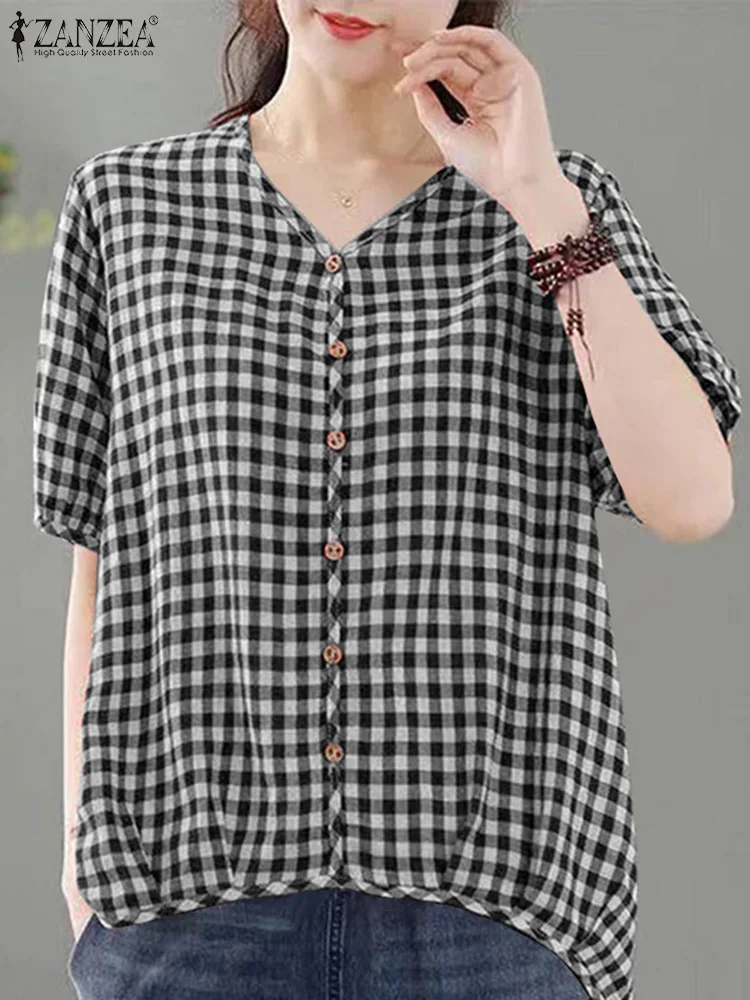 ZANZEA Damska letnia bluzka w kratę Elegancka koszula z krótkim rękawem V Neck Plaid Blusas Fashion OL Work Tops Casual Loose Chemise 2024