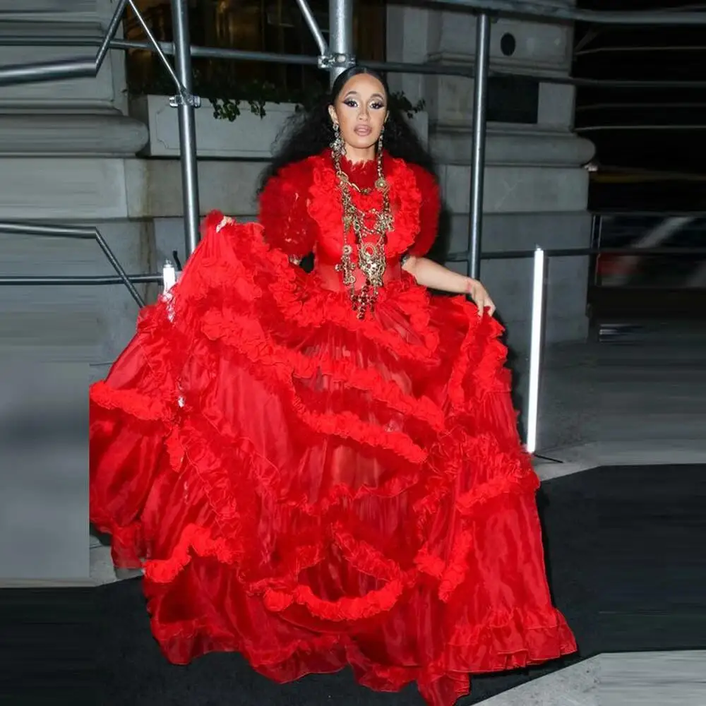 Red Evening Dresses Short Sleeves Ruffles A Line Tulle Chic  Mixed Colors Party Prom Gowns