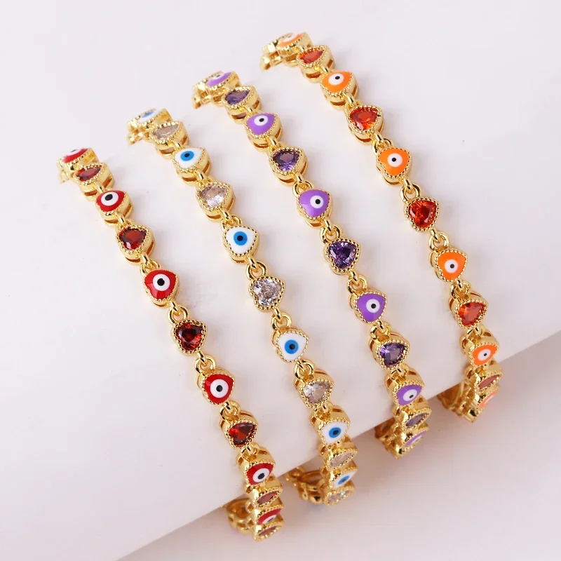 18K Gold Plated Colorful Heart Turkish Evil Eye Charm Bracelet For Women Boho Lucky Copper Chain Adjustable Summer Jewelry