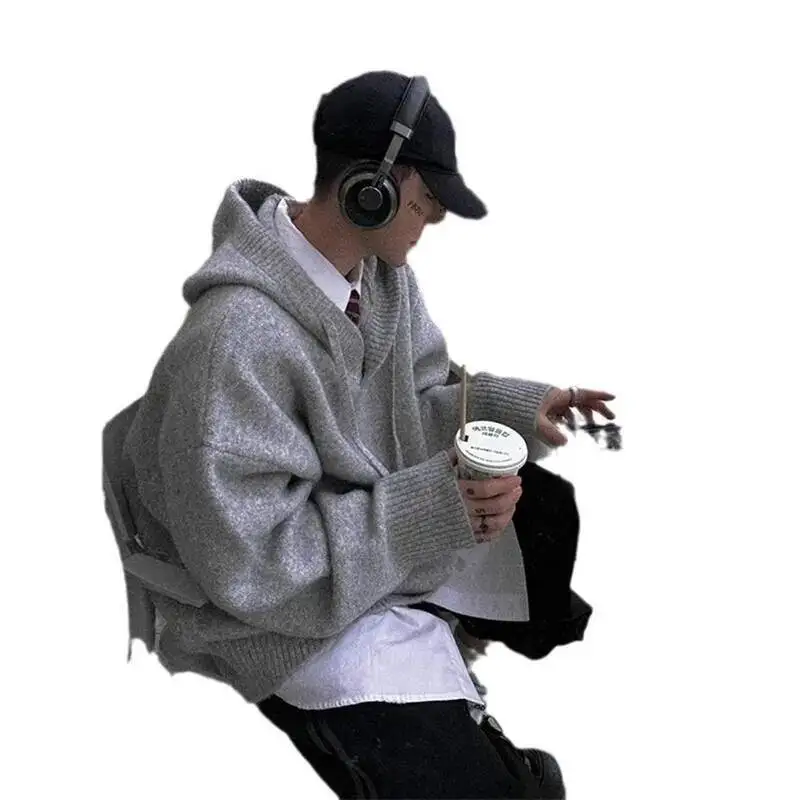 Unisex Hoodies Men's Grey Hooded Knit Sweater Women Autumn Winter Korean Vibe Retro Cleanfit Woolen Jacket Coat