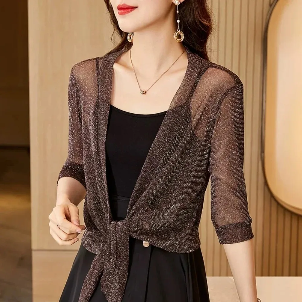 أزياء بريق التعادل حتى مفتوحة الجبهة تتغاضى شال السيدات اقتصاص الشاطئ الصيف ملابس الحماية من الشمس قميص تكييف الهواء