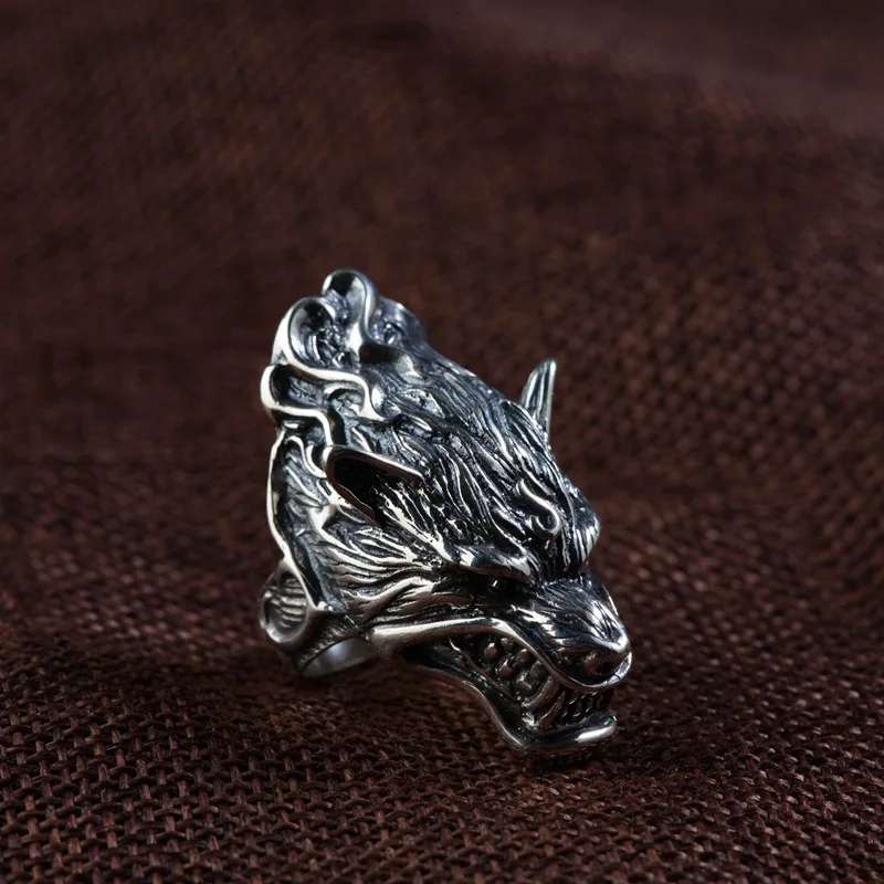 S925 Sterling Silver Vintage Thai Silver Ring for Men Wolf Head Open Exaggerated Punk Rock Style Big Ring Vintage Jewelry